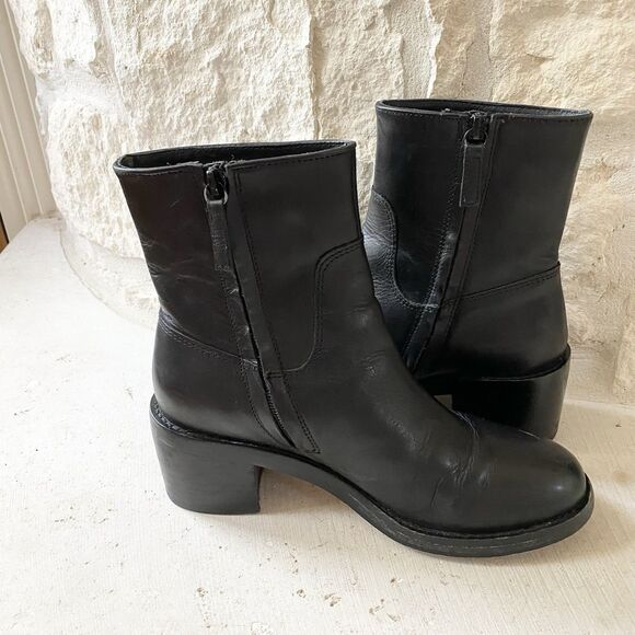 J.Crew Stacked Heel Ankle Boots Leather Black Side Zip Size 7.5 BJ869 - Picture 6 of 8